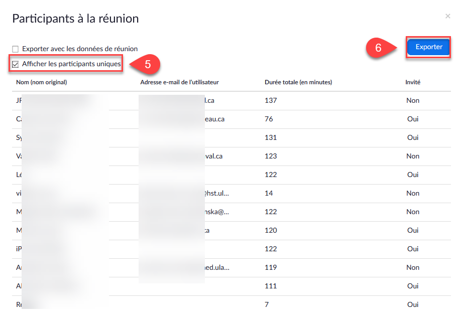 Options d'affichage des données et bouton Exporter