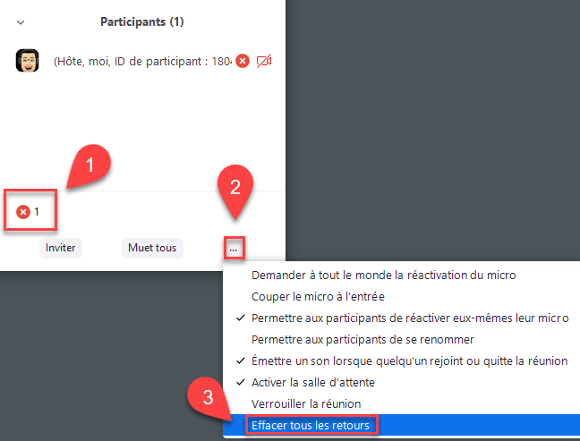 Le décompte se situe dans le panneau des participants. Il est possible d'effacer tous les retours dans le menu points de suspension.