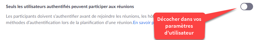 Dans Paramètres > Sécurité, décocher l'options qui se nomme Seules les utilisateurs authentifiés peuvent participer aux réunions.