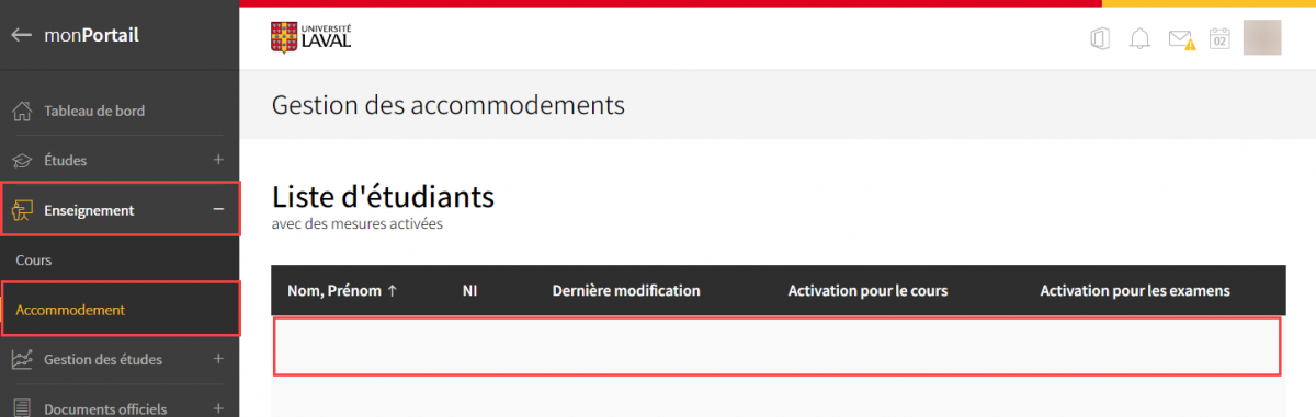 Liste des étudiants ayant des mesures d'accommodement